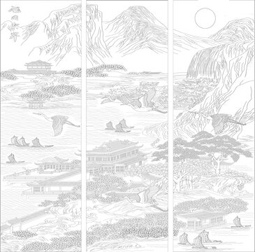 中式山水風(fēng)景線(xiàn)描三聯(lián)圖