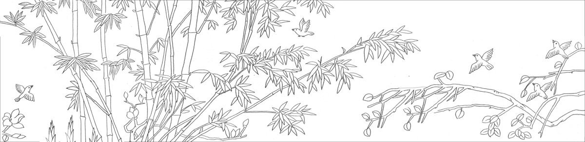 竹枝間飛鳥的線描圖景