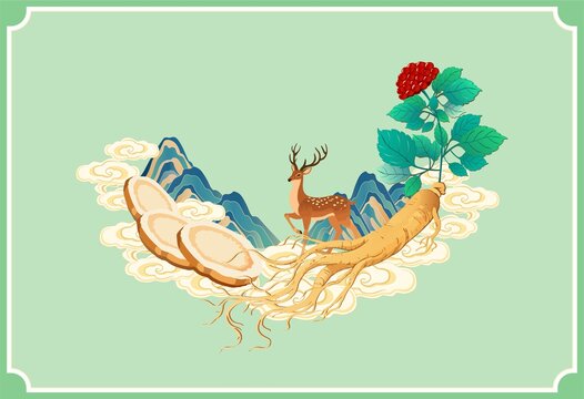人參鹿茸山水國風插畫