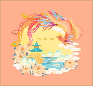 鳳凰伴月的中式包裝插畫