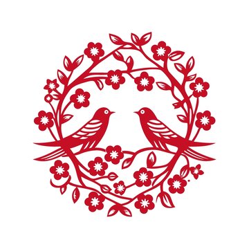 剪紙風(fēng)雙鳥繁花圓形圖案