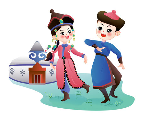 少數(shù)民族民俗村蒙古族舞蹈人物卡通插畫