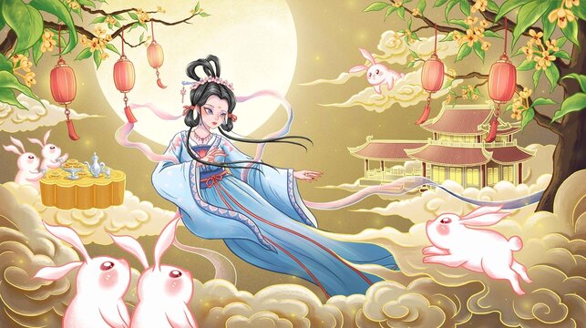 中秋嫦娥奔月玉兔包裝插畫