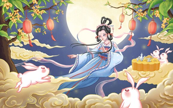 中秋嫦娥奔月包裝插畫