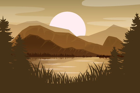湖畔山林間的落日美景