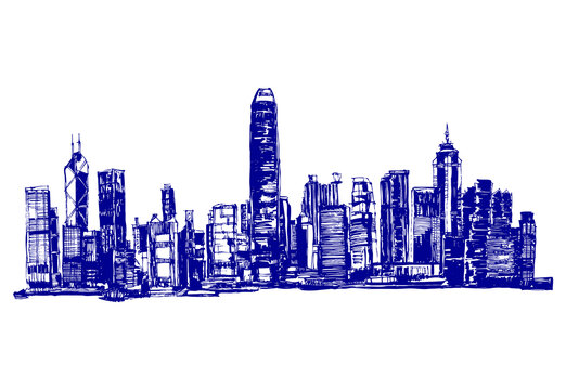 地標(biāo)建筑手繪線稿香港地平線建筑矢量圖