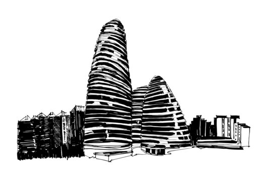 地標(biāo)建筑手繪線稿北京望京SOHO矢量圖