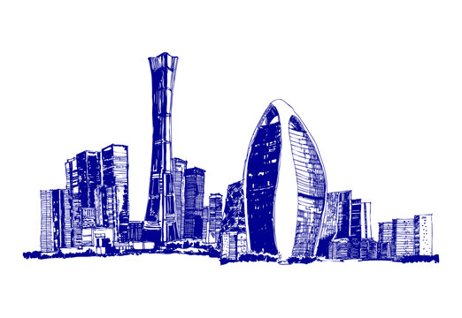 地標(biāo)建筑手繪線稿北京CBD和人民網(wǎng)矢量圖