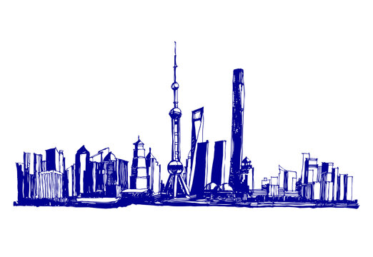 地標(biāo)建筑手繪線稿上海東方明珠地平線矢量圖