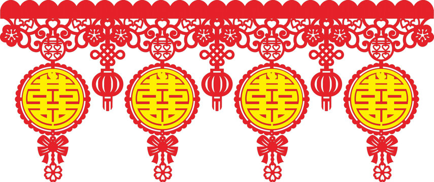 中式喜慶雙喜掛飾圖案墻圍