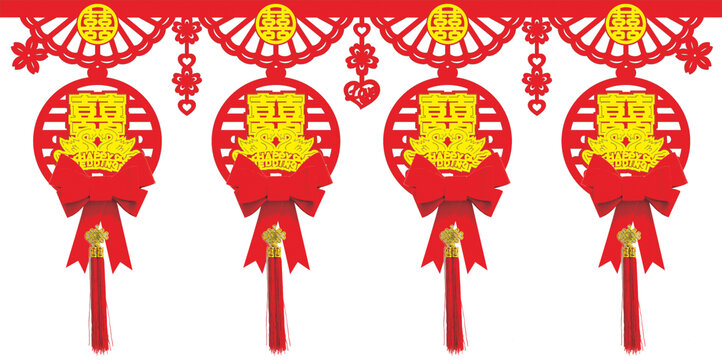 喜慶中式雙喜紅色掛飾墻圍