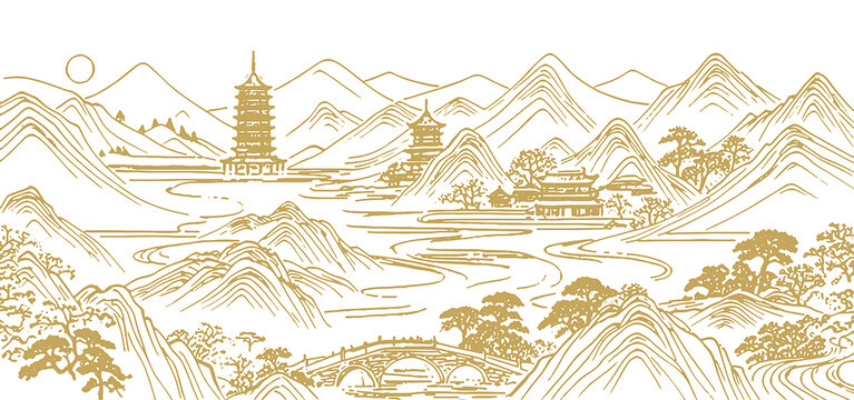 中式山水樓閣輪廓線條畫(huà)禮盒背景矢量圖