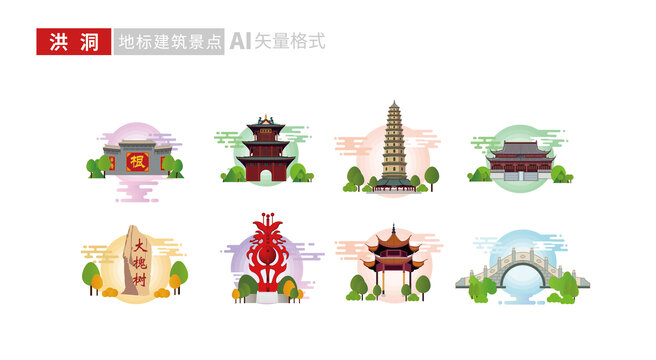 臨汾市洪洞縣地標(biāo)建筑景點(diǎn)文創(chuàng)插畫(huà)