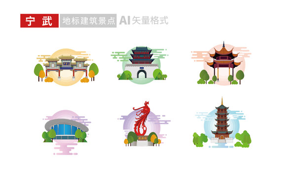 忻州市寧武縣地標(biāo)建筑景點(diǎn)文創(chuàng)插畫(huà)