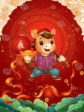 馬年春節(jié)小馬報(bào)春祝福插畫