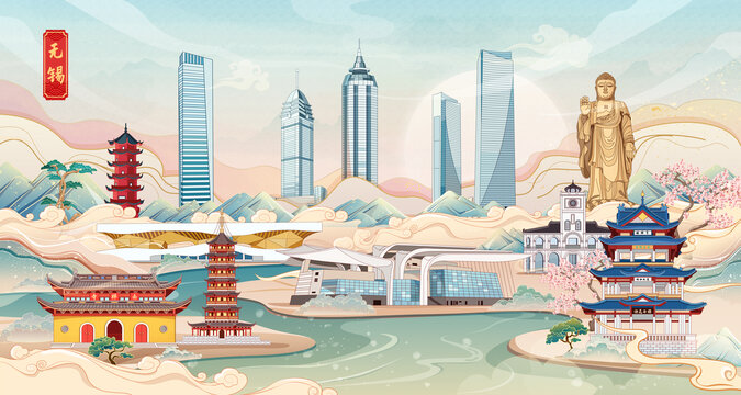 無錫地標(biāo)建筑城市旅游海報插畫