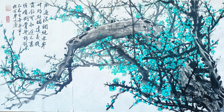 水墨藍(lán)梅圖遒勁枝干梅花國(guó)畫(huà)