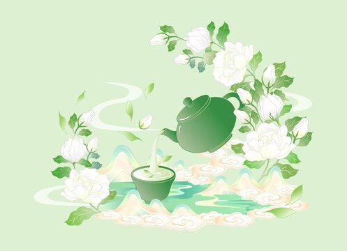 清新中式茉莉花茶插畫