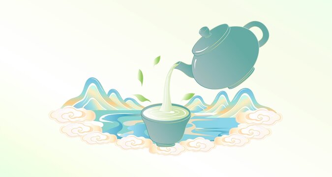 古風(fēng)茶壺倒茶山水插畫