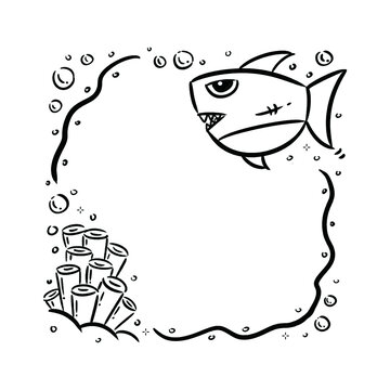 卡通小魚與海底珊瑚邊框素材黑白便簽印刷稿