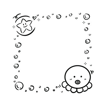 卡通章魚與星星邊框圖案素材黑白便簽印刷稿