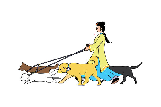 古風(fēng)女子牽多犬漫步圖矢量插畫