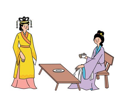 古代女子對(duì)坐飲茶場(chǎng)景矢量插畫(huà)