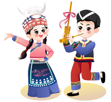 苗族少數(shù)民族民俗村舞蹈苗族樂(lè)器跳舞插畫(huà)