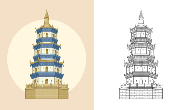 永州地標(biāo)建筑迴龍塔插畫線稿圖