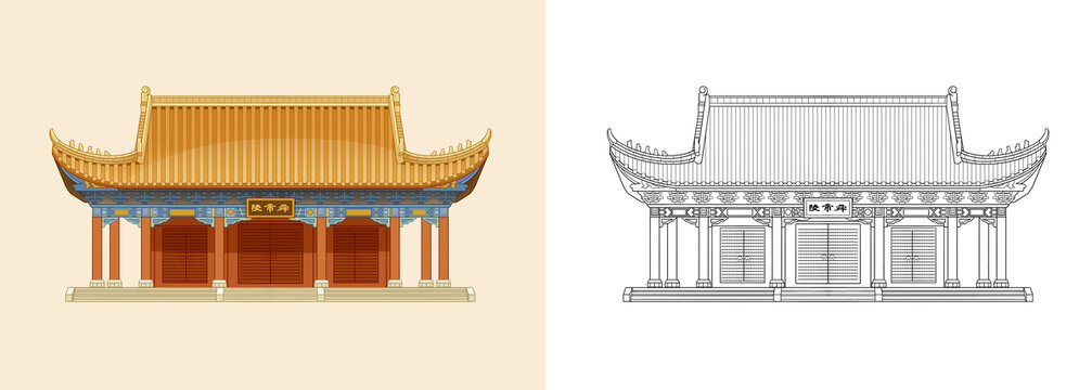永州地標(biāo)古建筑舜帝陵插畫線稿