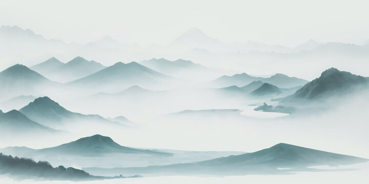 水墨意境山巒云霧圖