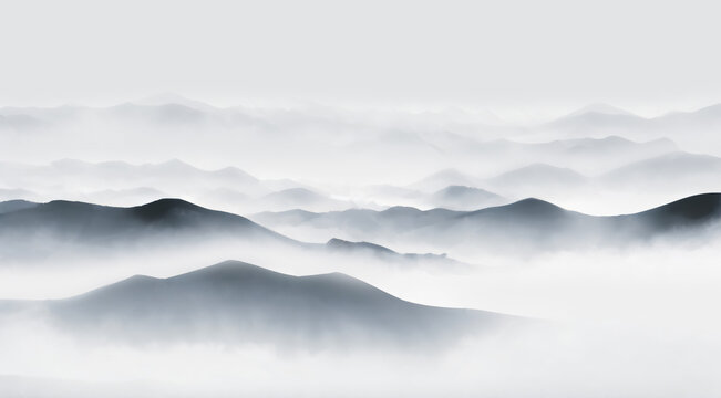 水墨意境層疊山巒云霧圖