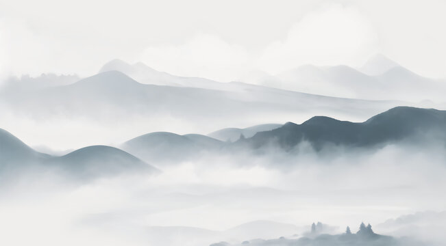 水墨意境云霧繚繞群山景