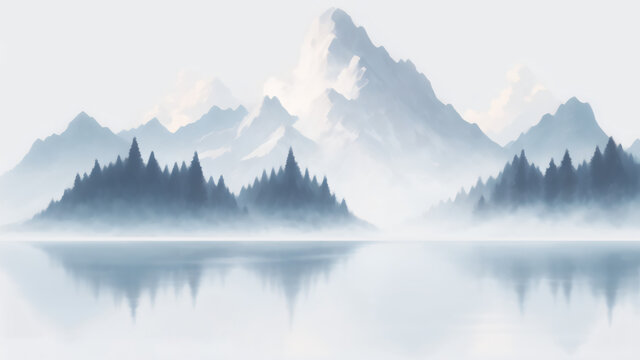 霧中山林湖泊靜謐風(fēng)光