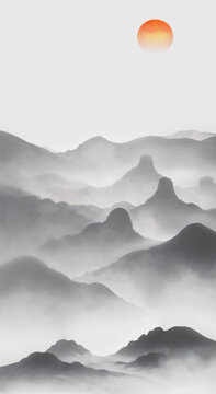 水墨山水間的日出之景