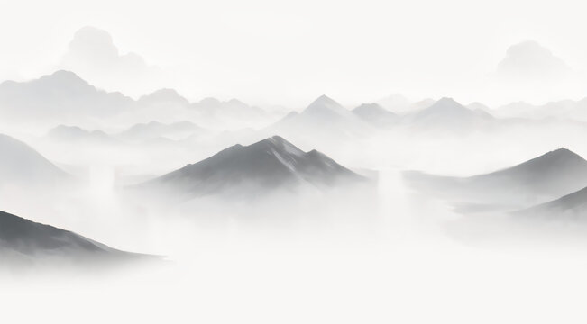 水墨意境山巒云霧圖