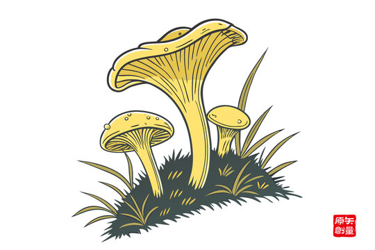草叢中的黃色蘑菇插畫(huà)