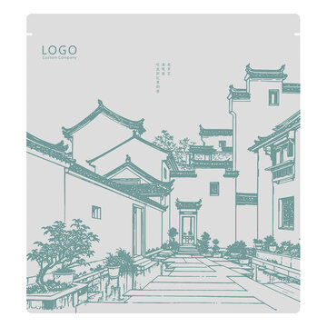 江南小吃手提袋模板徽派古建筑線描矢量圖