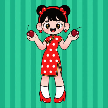 穿旗袍拿櫻桃的可愛女孩