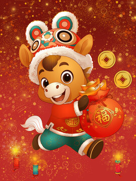 馬年卡通送?；㈩^帽過年插畫
