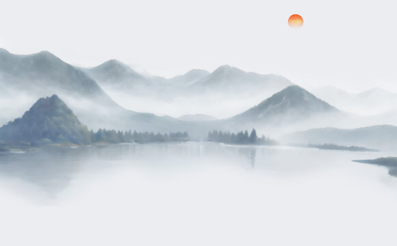 水墨山水間的落日美景