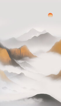 水墨風(fēng)格日出云海山巒圖