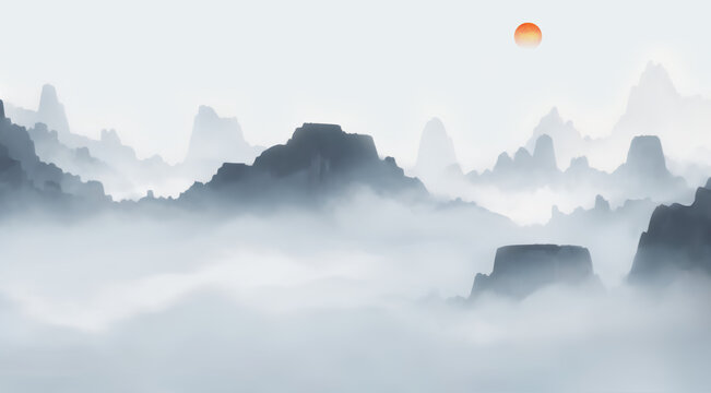 水墨山水間的日出之景