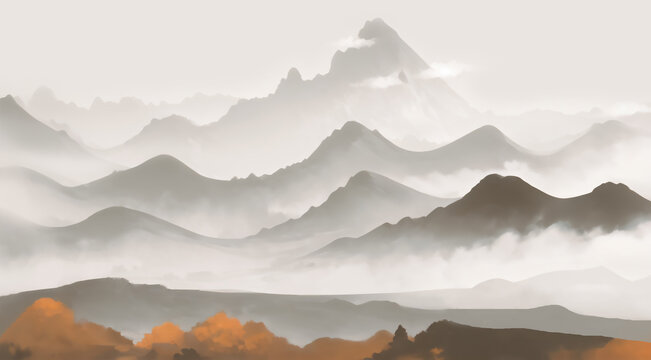 水墨群山間秋景圖