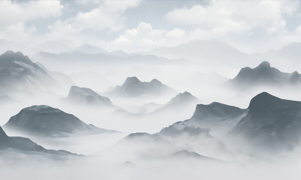 水墨風(fēng)格云霧繚繞群山圖
