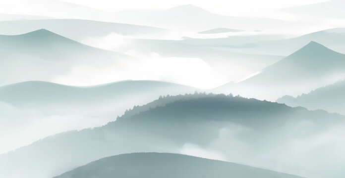 水墨風格霧繞山巒美景