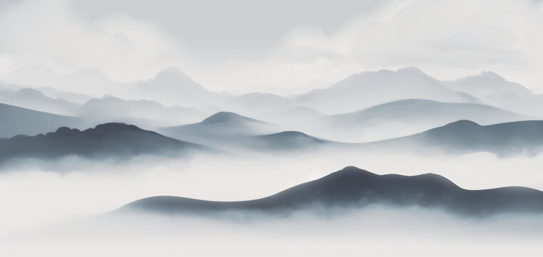 水墨風(fēng)格云霧繚繞山巒圖