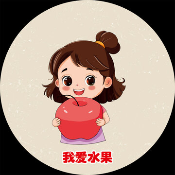 卡通手繪抱蘋果女孩