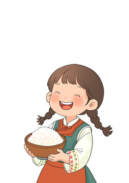 扎辮女孩捧大碗米飯