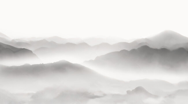 水墨意境遠(yuǎn)山云霧圖